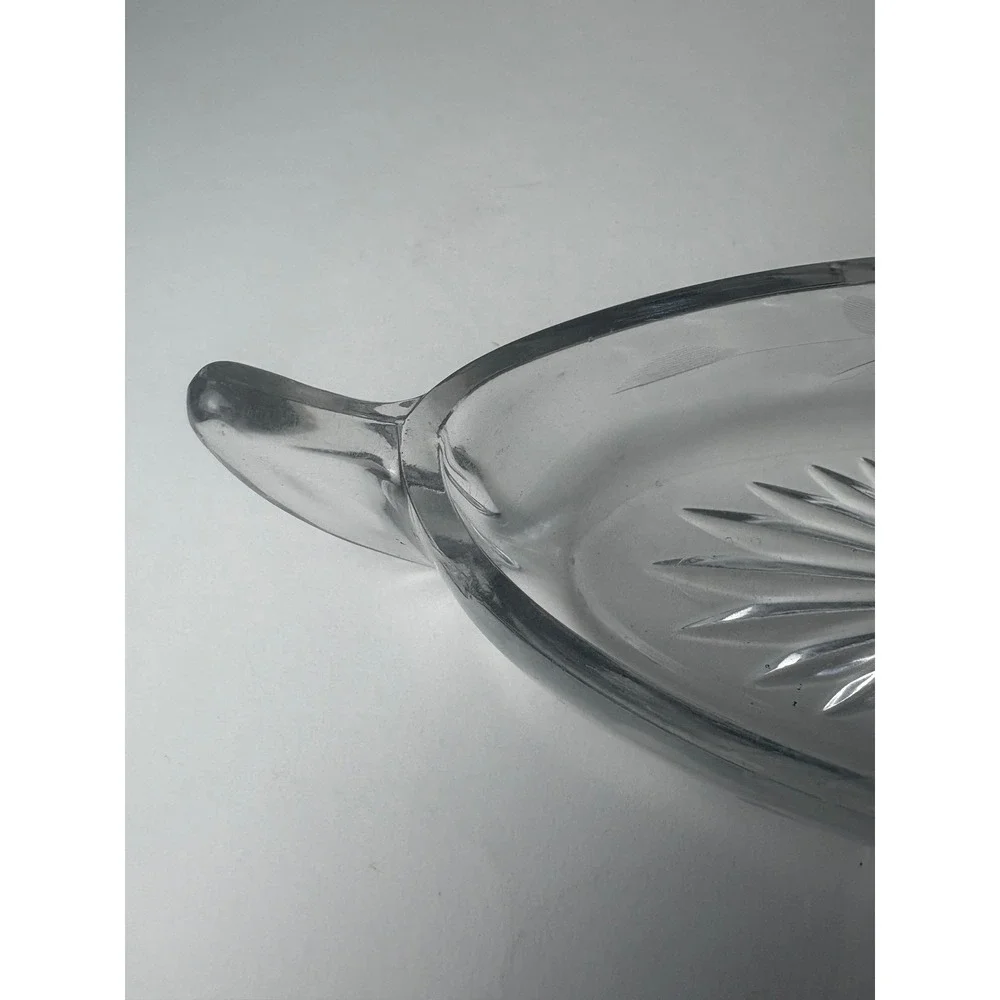 Vintage‎ Clear Etched Star Glass Oval Canoe Boat Dish w Handles Floral Design